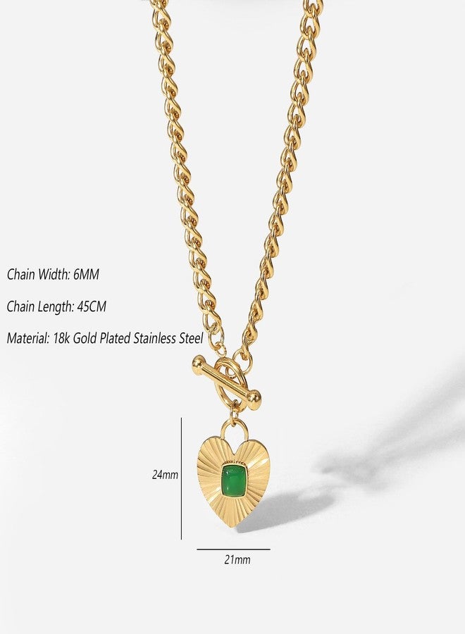 NUZON Natural Green Agate Heart Pendant Necklace for Women Chunky 18K Gold Plated Cuban Chain Toggle Clasp Sunburst Hearts Healing Stone Necklace Love&Hope Statement Jewelry 18'' - Image 4